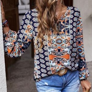 Bohemian Print Long Sleeve Top - Navy and Orange